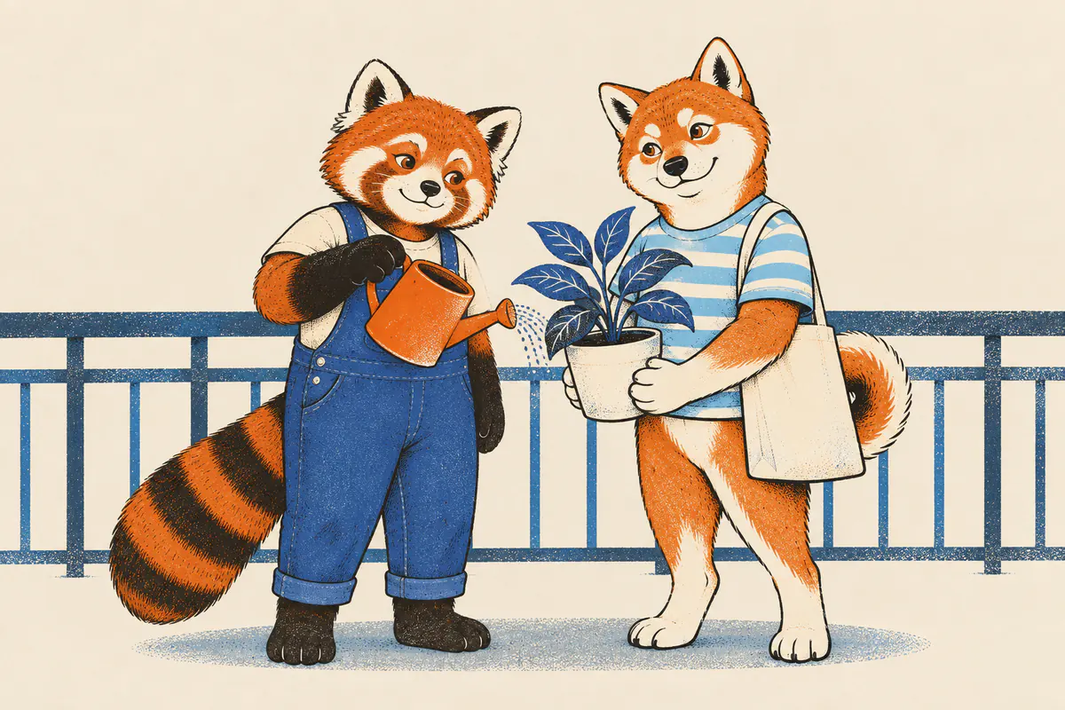 Auf dem Balkon hält ein Shiba einen Blumentopf mit Grünpflanze, ein kleiner Roter Panda gießt sie mit einer Gießkanne, beide lächeln zufrieden