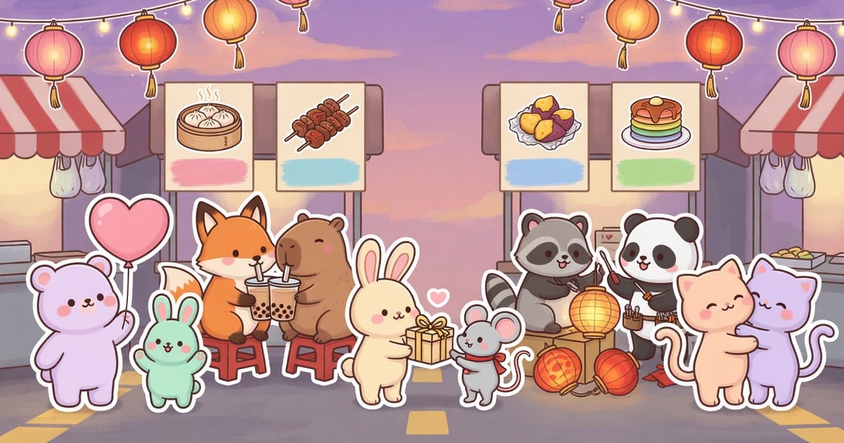 夜市攤位前五隻可愛的貼紙風動物各自示範一種愛的方式:一隻舉著愛心形狀的對話泡泡,兩隻並肩分喝一杯珍珠奶茶,一隻遞出綁緞帶的小禮物盒,一隻踩著小凳子幫朋友修好燈籠,最後兩隻緊緊抱在一起,暖色粉彩燈光。