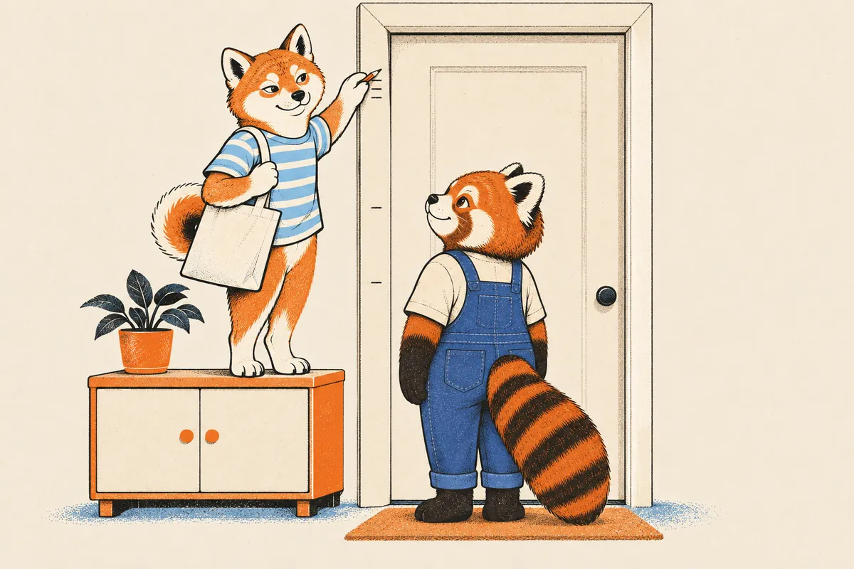 Im Flur steht ein Shiba auf dem Schuhschrank und zieht mit dem Bleistift einen Strich hoch am Türrahmen; unten liegen die Striche weit auseinander, oben drängen sie sich; ein Roter Panda schaut zu