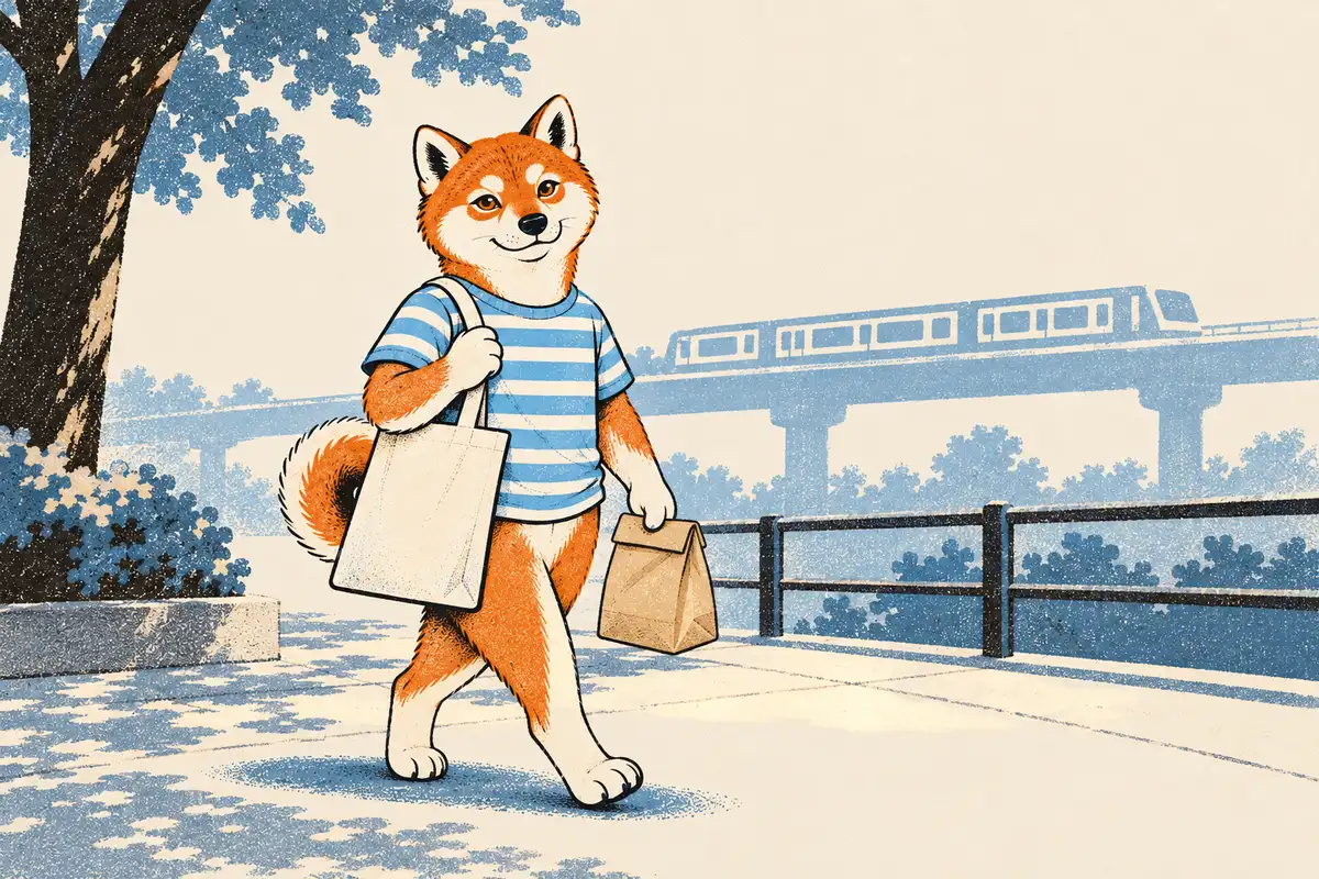 An einem klaren Morgen geht ein Shiba mit Stofftasche und Papiertüte fürs Frühstück leichtfüßig im Baumschatten über den Gehweg, hinten fährt eine Hochbahn vorbei