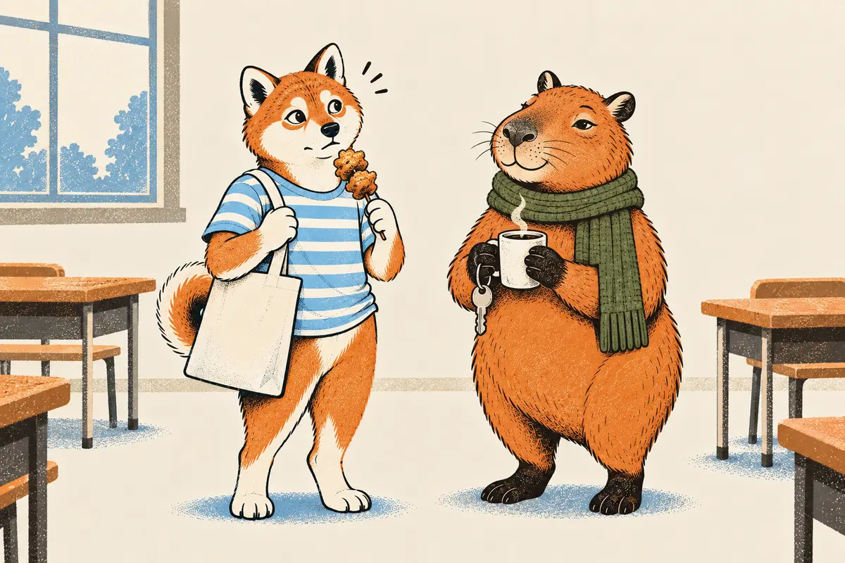 Klassentreffen im Grundschulklassenzimmer: Ein Shiba hält einen Grillspieß und wirkt kurz verdutzt, gegenüber schwenkt ein Wasserschwein mit grünem Schal eine Tasse und neue Wohnungsschlüssel