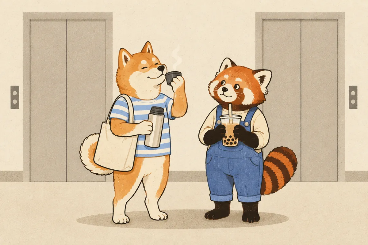 Vor dem Aufzug eines Bürogebäudes schraubt ein Shiba eine Thermosflasche auf und trinkt zufrieden heißen Tee; daneben schaut ein Roter Panda in Latzhose mit einem großen Bubble Tea neugierig zu ihm