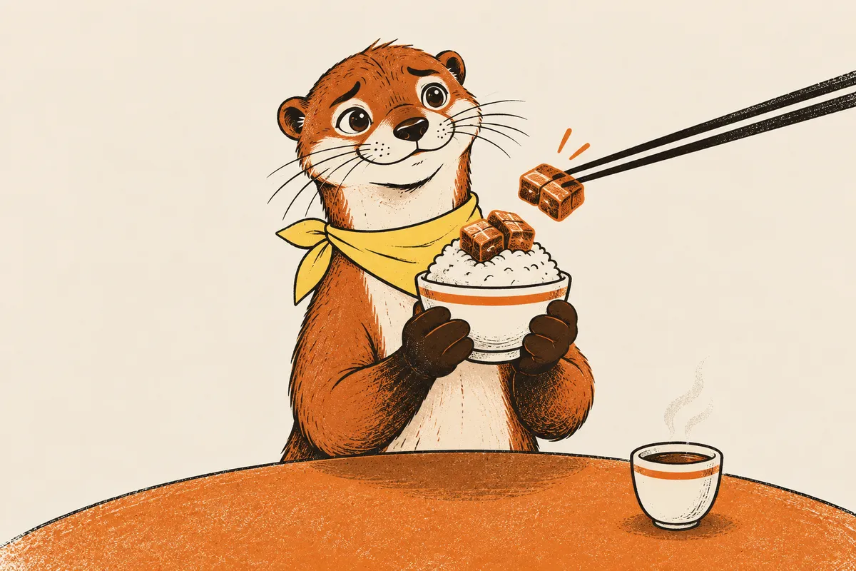 Am runden Familientisch hält ein Otter lächelnd eine hoch gefüllte Reisschale in beiden Händen und runzelt leicht die Stirn, während von der Seite Stäbchen noch ein Stück Schmorfleisch nachlegen