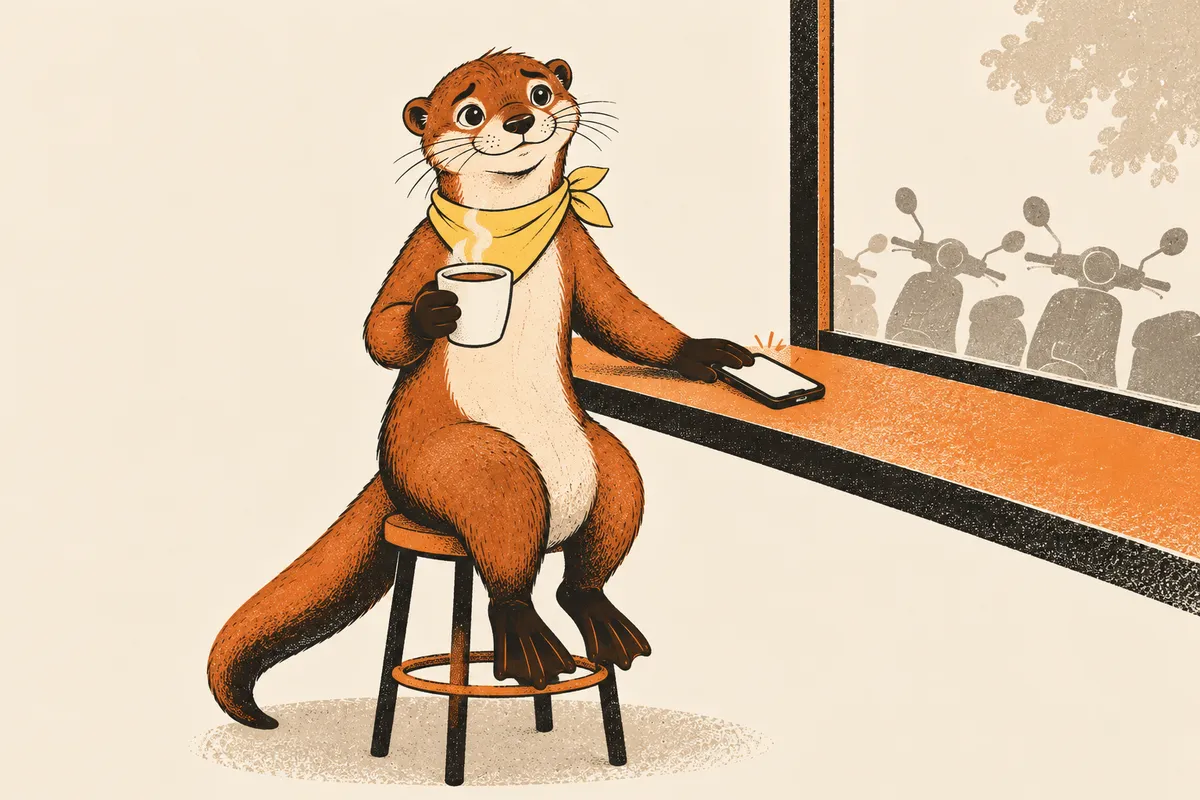 Am Fenster eines Kiosks sitzt ein Otter auf einem hohen Hocker, hält einen heißen Sojadrink und legt sein Handy locker auf die Theke, draußen stehen ein paar Motorroller