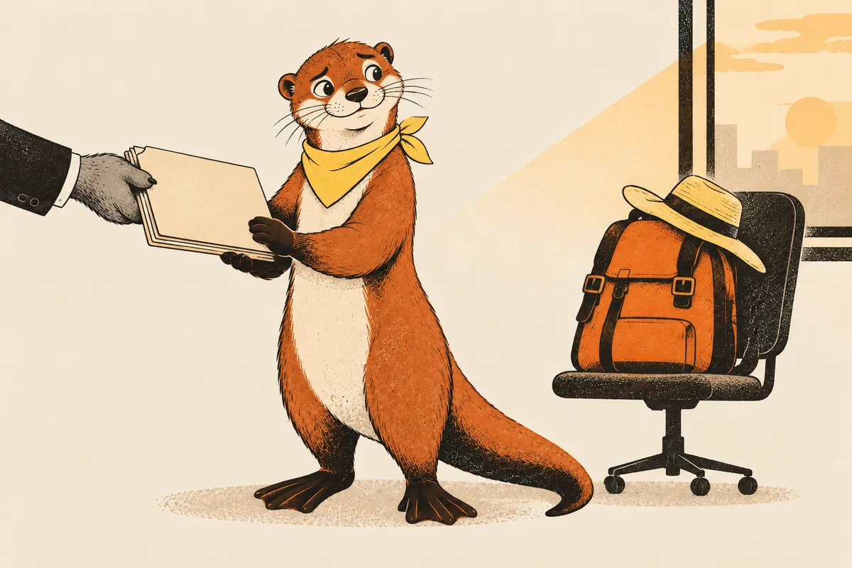 Im Büro am Abend nimmt ein Otter mit beiden Händen einen dicken Ordner an, der von außerhalb des Bildes gereicht wird, und lächelt, schielt aber auf Rucksack und Strohhut auf dem Stuhl neben ihm