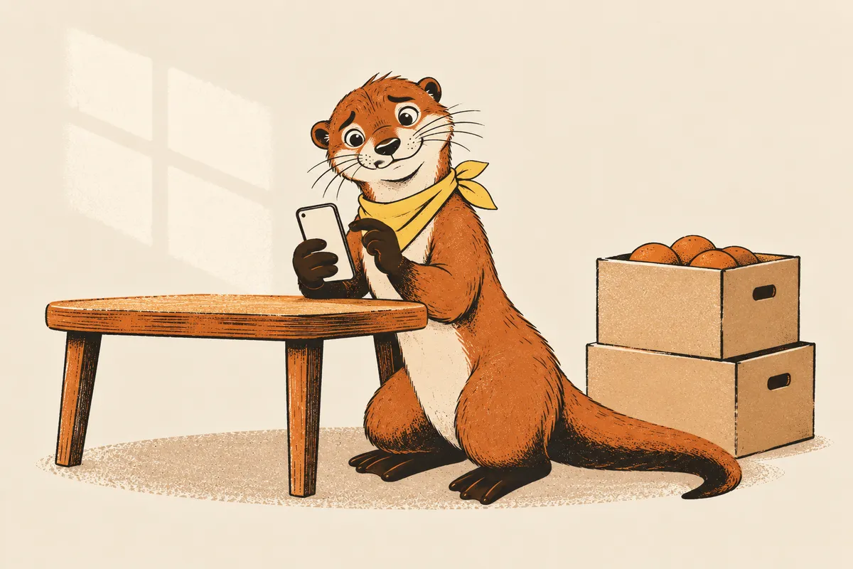 An einem niedrigen Tisch in einer Mietwohnung hält ein Otter das Handy mit dem Finger über dem Display und wirkt unschlüssig, neben ihm stapeln sich noch nicht ausgepackte Obstkisten