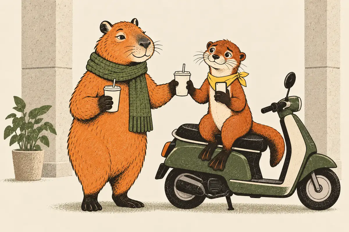 An einer Säule im Arkadengang kommt ein Capybara mit zwei Getränken zurück und reicht eines einem Otter, der auf dem Sattel eines Motorrollers sitzt und erleichtert lächelt