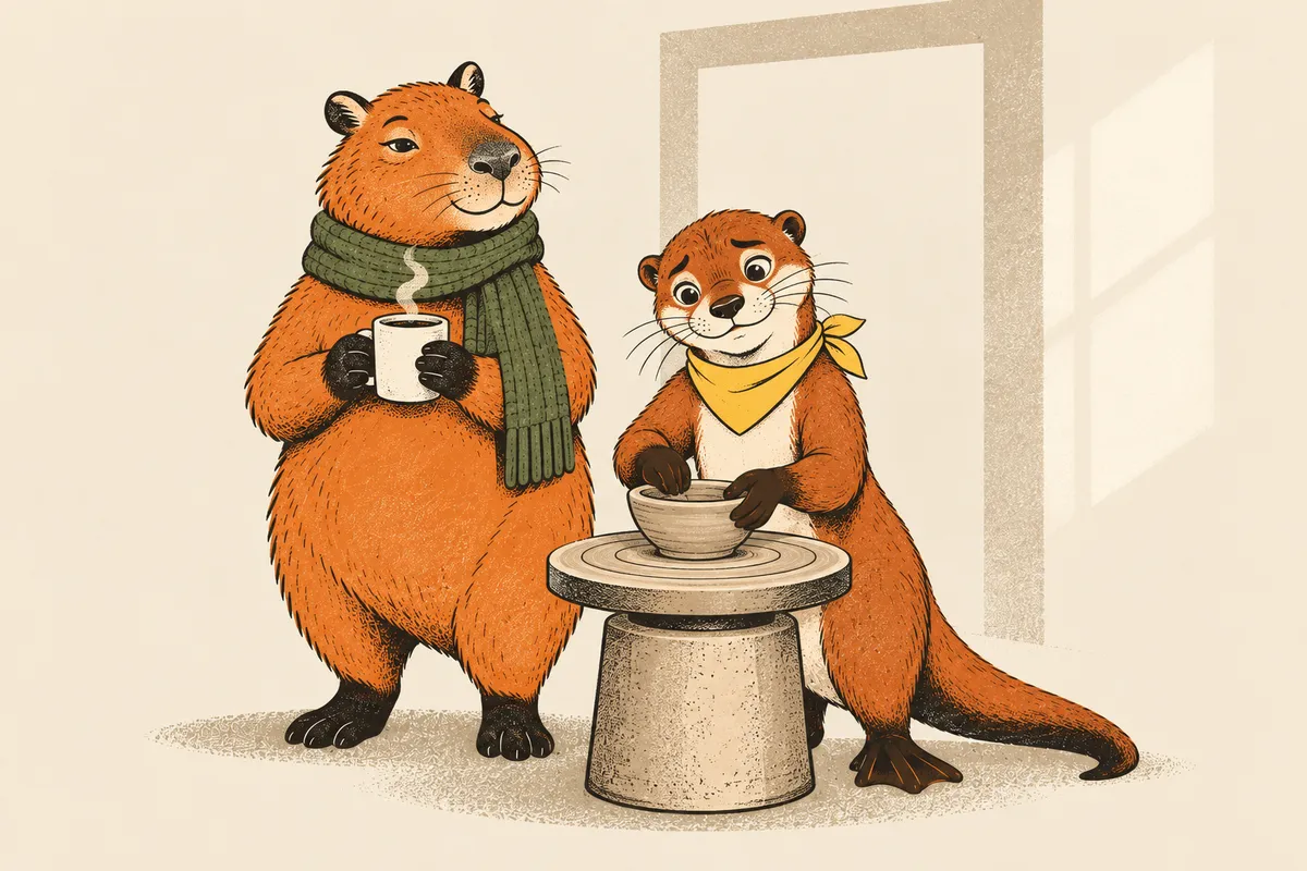 Vor einer Töpferwerkstatt sitzt ein Otter an der Töpferscheibe und formt konzentriert eine Schale, ein Capybara mit grünem Schal und Tasse steht daneben und sieht ihm stolz lächelnd zu