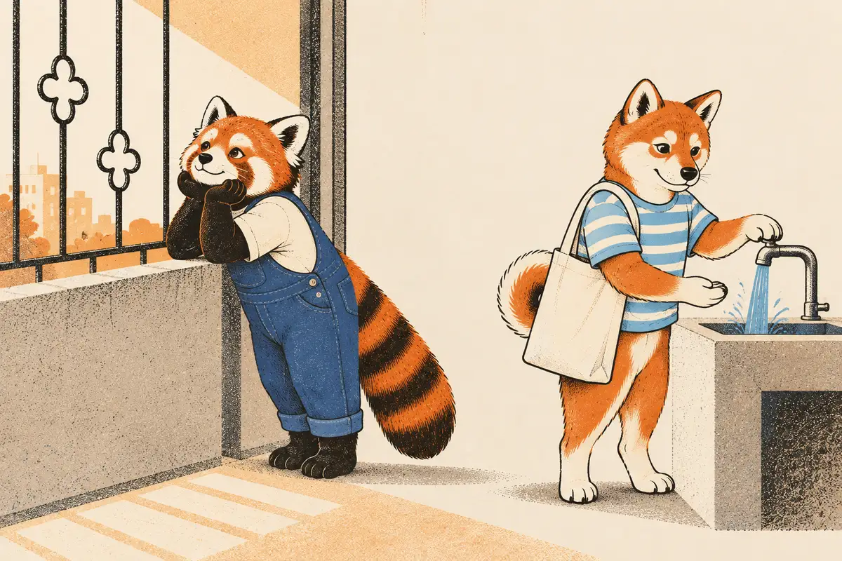In einer leeren Altbauwohnung stützt ein roter Panda das Kinn aufs Balkongitter und träumt, während der Shiba am Wasserhahn steht und den Strahl genau ansieht.