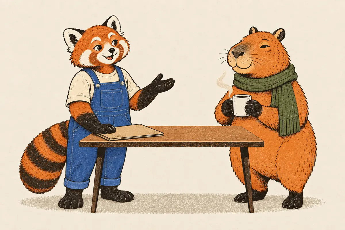An einem Konferenztisch hält ein roter Panda eine Mappe fest und erklärt mit einer offenen Handbewegung gelassen etwas, während ein Capybara mit grünem Schal eine Tasse hält und nickt.