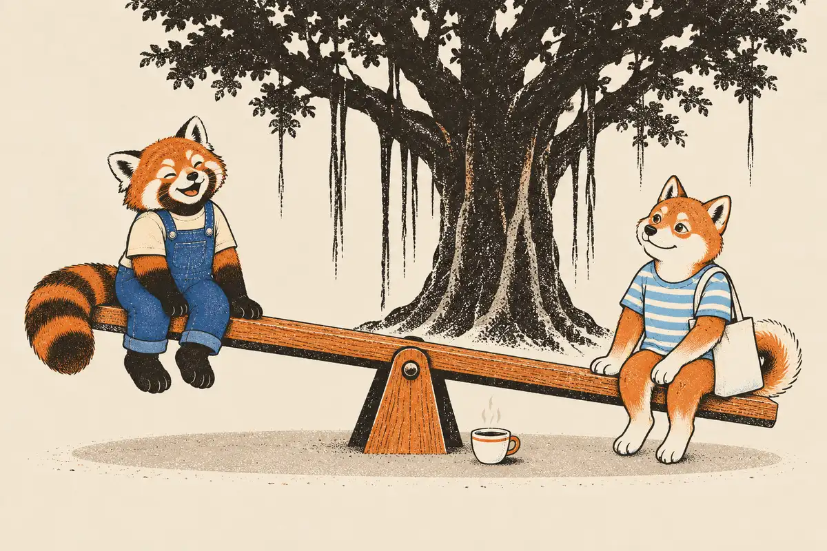 Im Park unter einer großen Eiche sitzen ein roter Panda und ein Shiba lachend an den beiden Enden einer hölzernen Wippe, die sich nur leicht zur Seite des Shiba neigt.