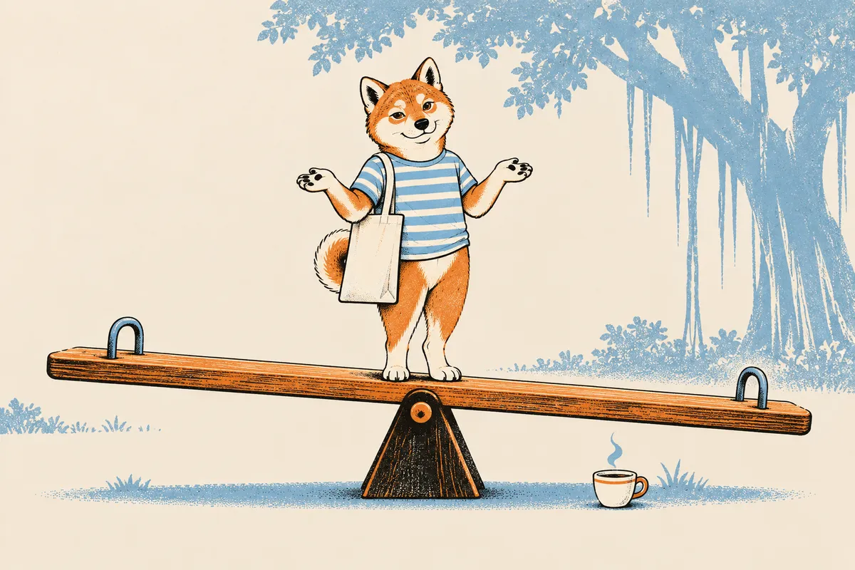 Unter einer Eiche steht der Shiba genau in der Mitte einer Wippe, die fast waagerecht steht, und hebt mit einem Schulterzucken beide Hände, als könnte es in beide Richtungen kippen.