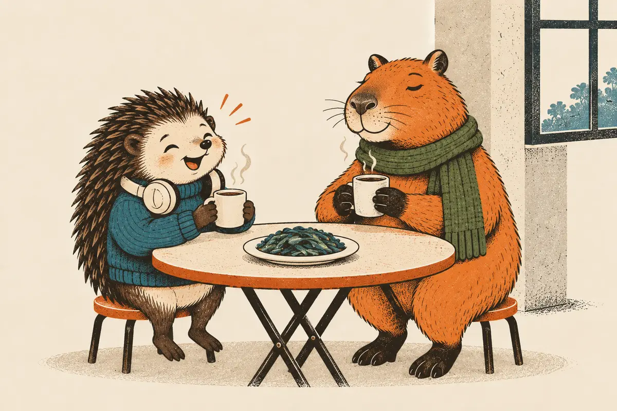 Am runden Klapptisch lacht ein Igel mit Kopfhörern um den Hals und zusammengekniffenen Augen, gegenüber plaudert ein Capybara mit grünem Schal und Tasse, auf dem Tisch ein Teller Gemüse