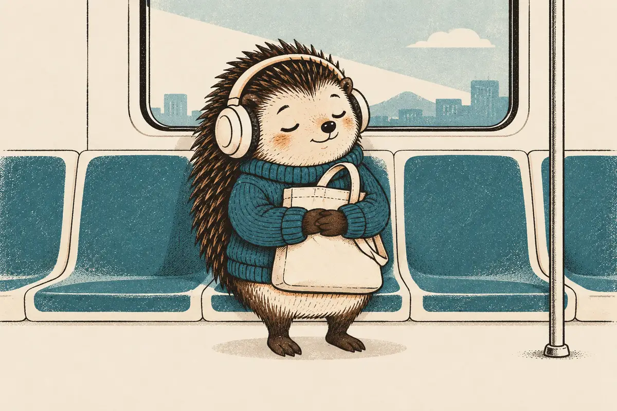 In einem U-Bahn-Wagen sitzt ein Igel mit Kopfhörern und geschlossenen Augen lächelnd zwischen leeren Sitzen und hält einen Stoffbeutel im Arm