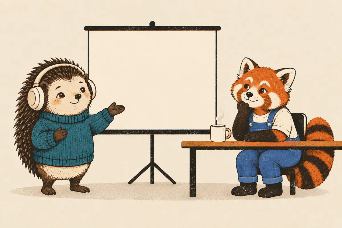 Ein Igel mit Kopfhörern steht neben einer leeren Projektionsfläche und erklärt entspannt mit offenen Händen, ein roter Panda in Latzhose sitzt am Tisch, das Kinn aufgestützt, und hört zu