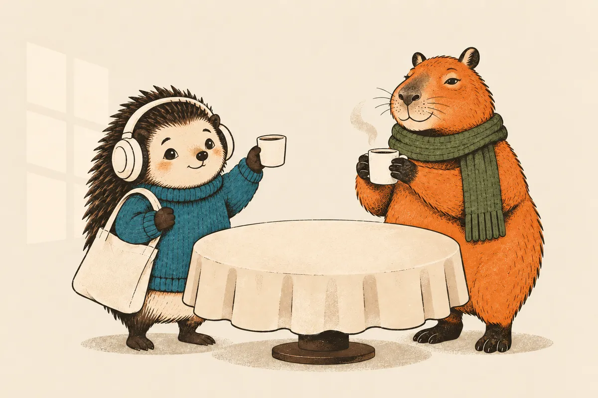 An einem runden Tisch bei der Betriebsfeier steht ein Igel mit umgehängtem Stoffbeutel und erhebt sein Glas, ein Capybara mit grünem Schal lächelt und stößt zurück an