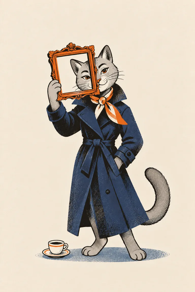 Eine elegante graue Katze in marineblauem Mantel und Seidenschal hält einen leeren Bilderrahmen wie einen Sucher vors Gesicht, eine Augenbraue hochgezogen.