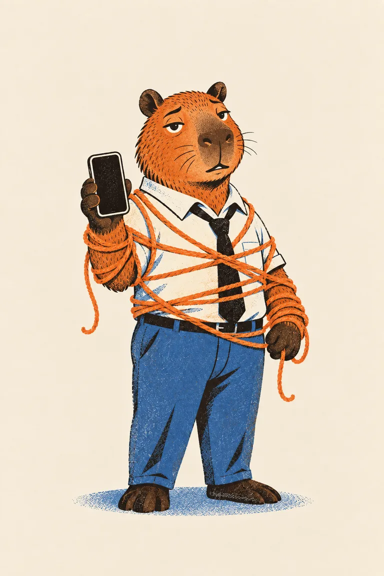 Ein Capybara in Büroangestellten-Kleidung ist leicht in mehrere Wollfäden verheddert, hält ein Handy mit leerem Bildschirm und stößt einen ergebenen Seufzer aus.