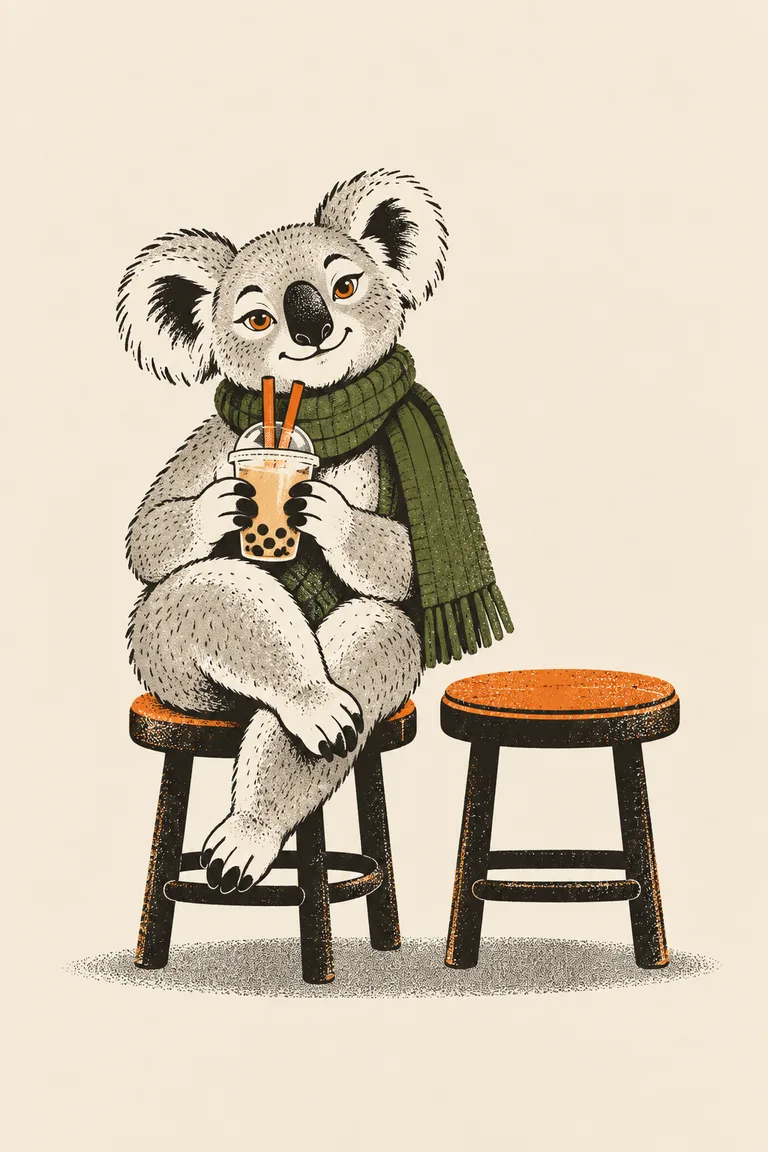 Ein grauer Koala mit langem moosgrünem Schal sitzt auf einem Hocker vor einem Bubble Tea mit zwei Strohhalmen, und neben ihm wartet ein leerer Hocker.