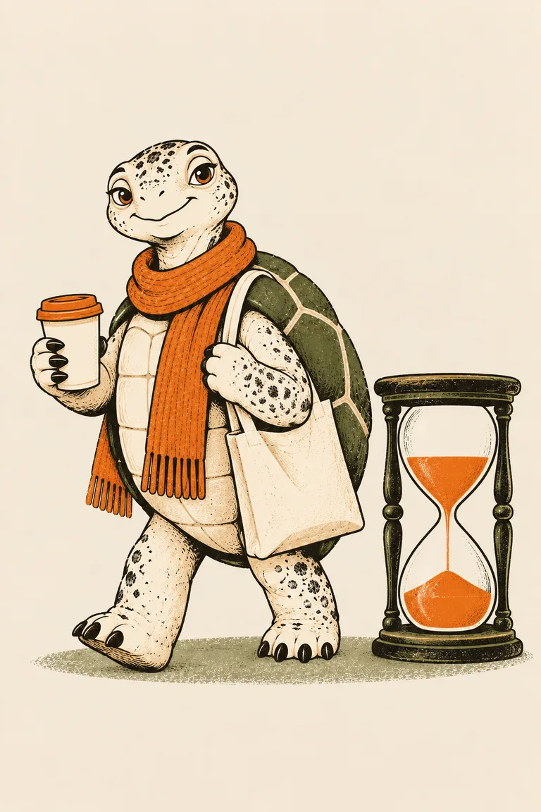 Eine eilige Schildkröte mit Kaffee zum Mitnehmen und Stoffbeutel, und der Sand im Stundenglas ist genau halbe-halbe verteilt